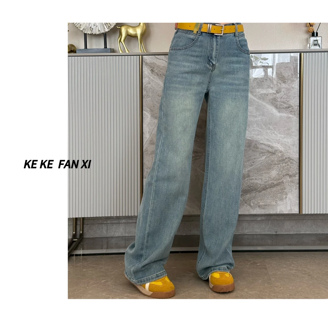 24191黄腰带直筒牛仔裤百搭蓝色时尚休闲宽松水洗春季设计感显瘦