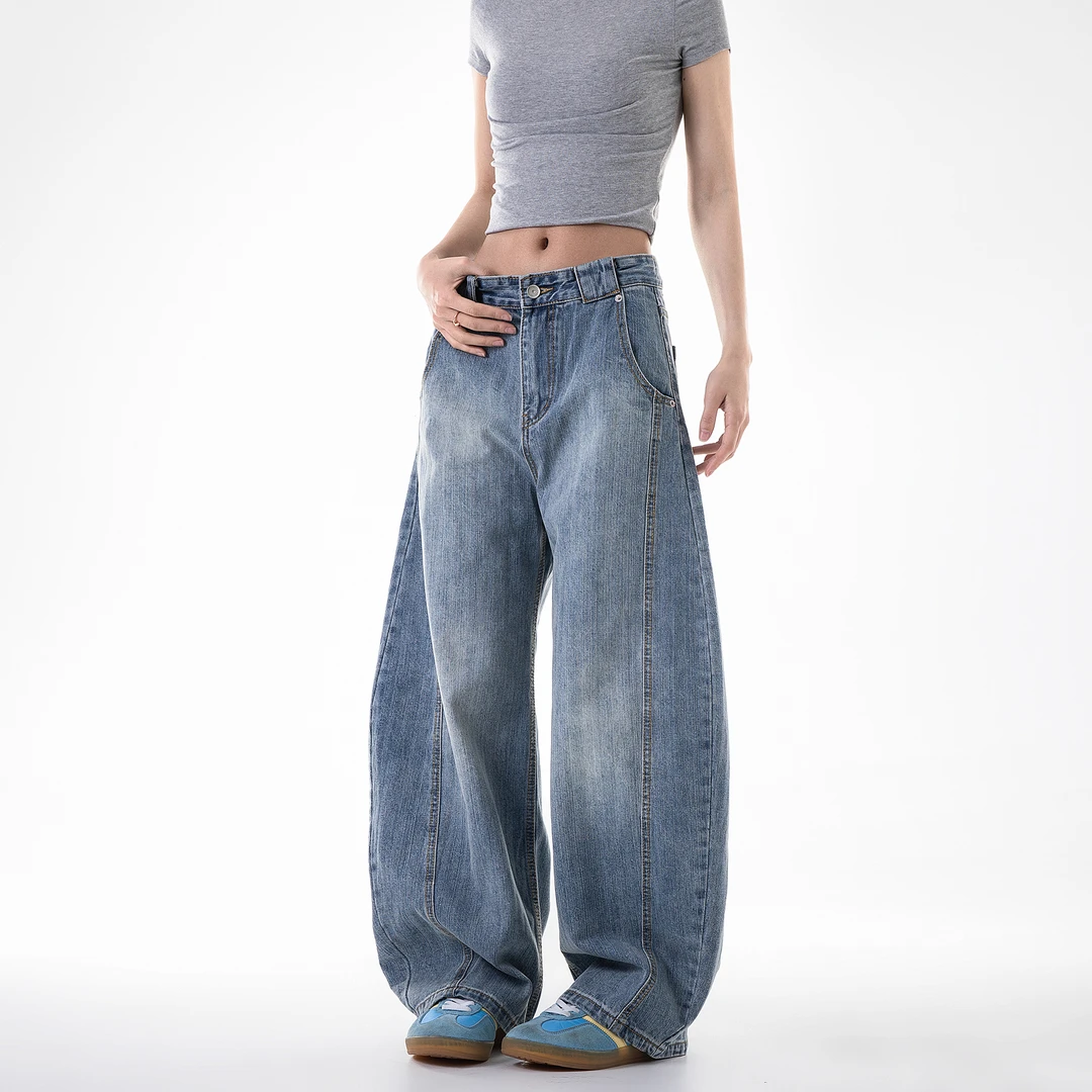 2025夏季女款直筒复古竹节弯刀牛仔裤美式高街宽松阔腿裤休闲裤子