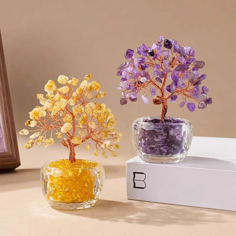 天然水晶发财树家居客厅玄关办公桌面水晶招财摇钱树装饰创意摆件