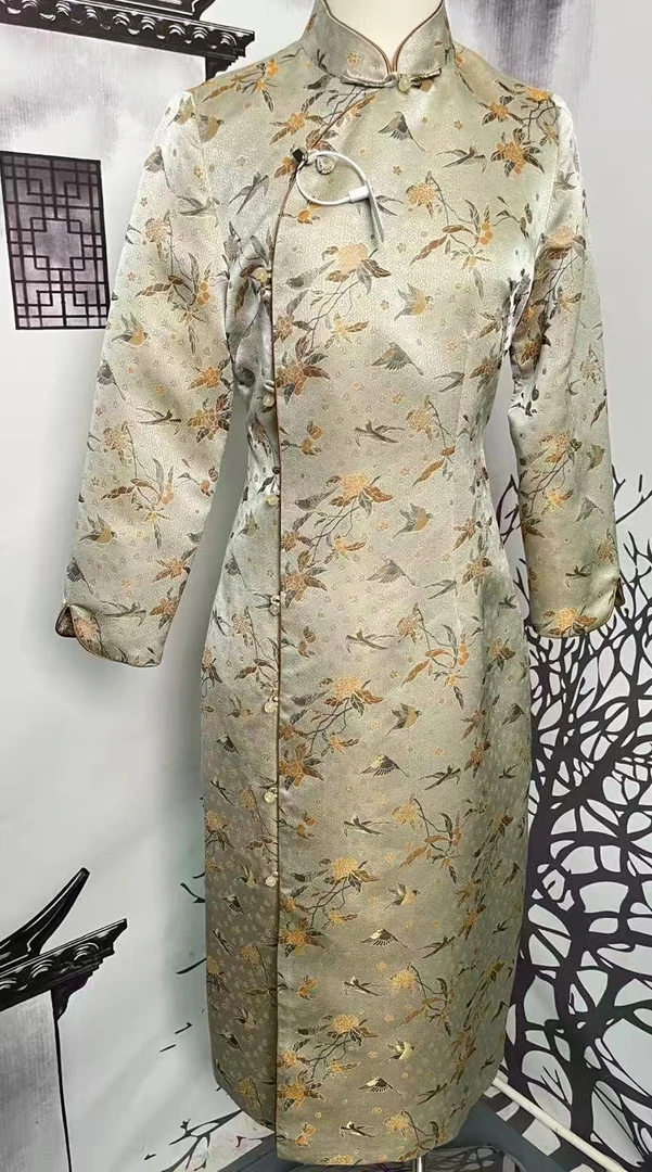 GP【枇杷山雀】桑蚕丝宋锦改良全开襟长袖旗袍新中式连衣裙