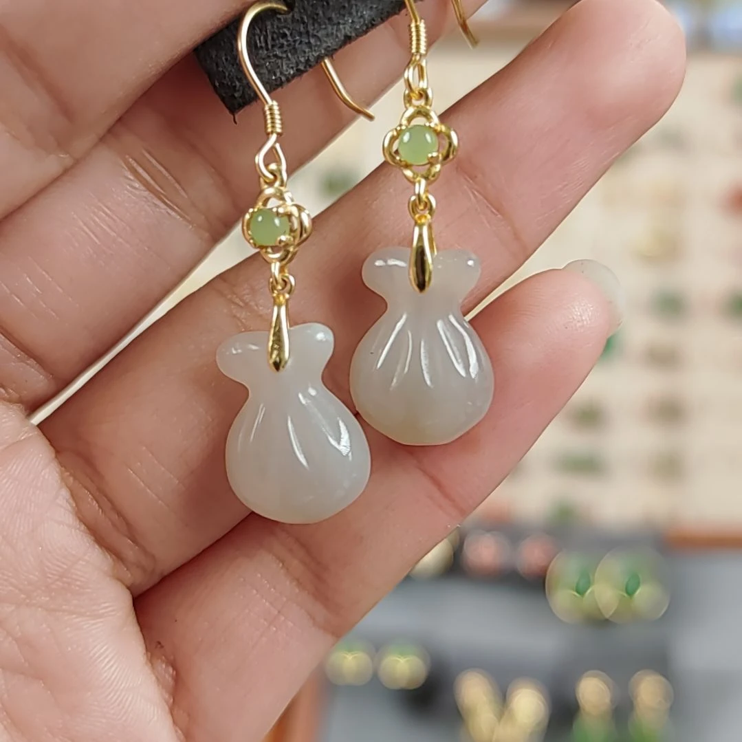 和田玉耳饰银S925镀金镶嵌耳饰