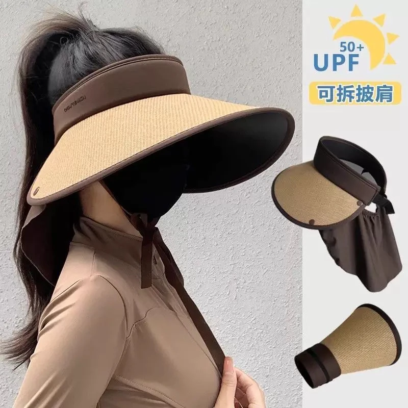 2025新款防晒帽女夏护颈防紫外线遮阳帽大帽檐户外草编空顶太阳帽