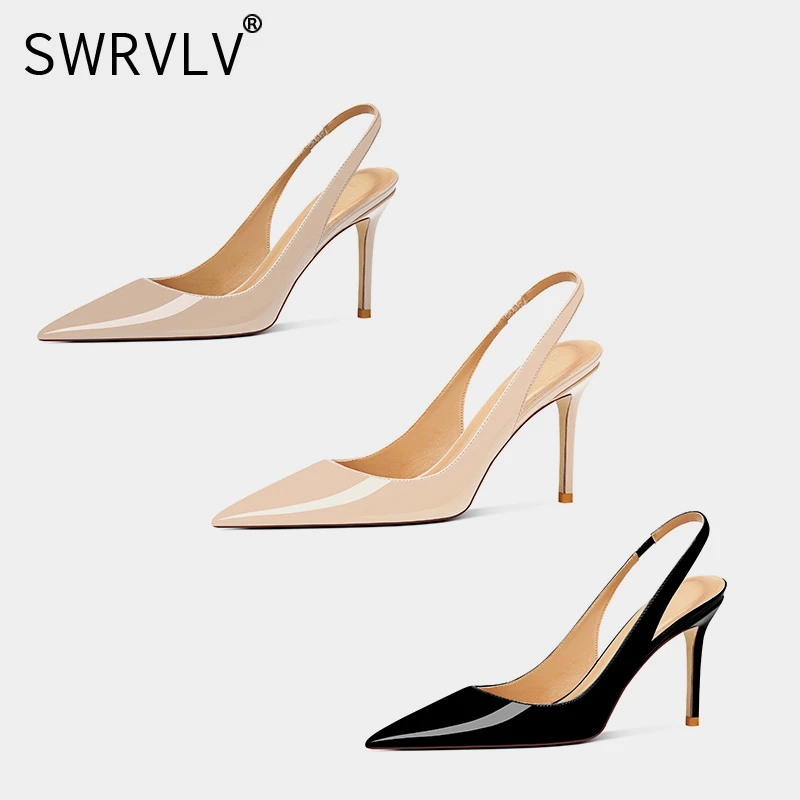 SWRVLV尖头高跟鞋女2025夏季新款漆皮气质后空包头性感细跟凉鞋女