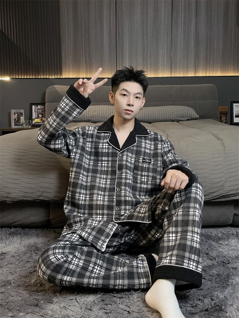 300斤特大码夹层保暖冬季家居服简约男友款加肥加大男士睡衣套装