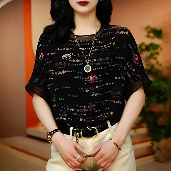 2025夏季新款高级感雪纺衫洋气时尚t恤百搭显瘦短袖圆领上衣W313