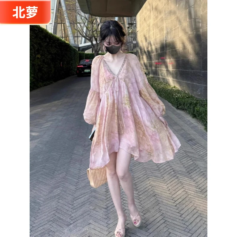 12025法式碎花夏季新款粉色印花减龄宽松甜美气质度假长袖连衣裙l