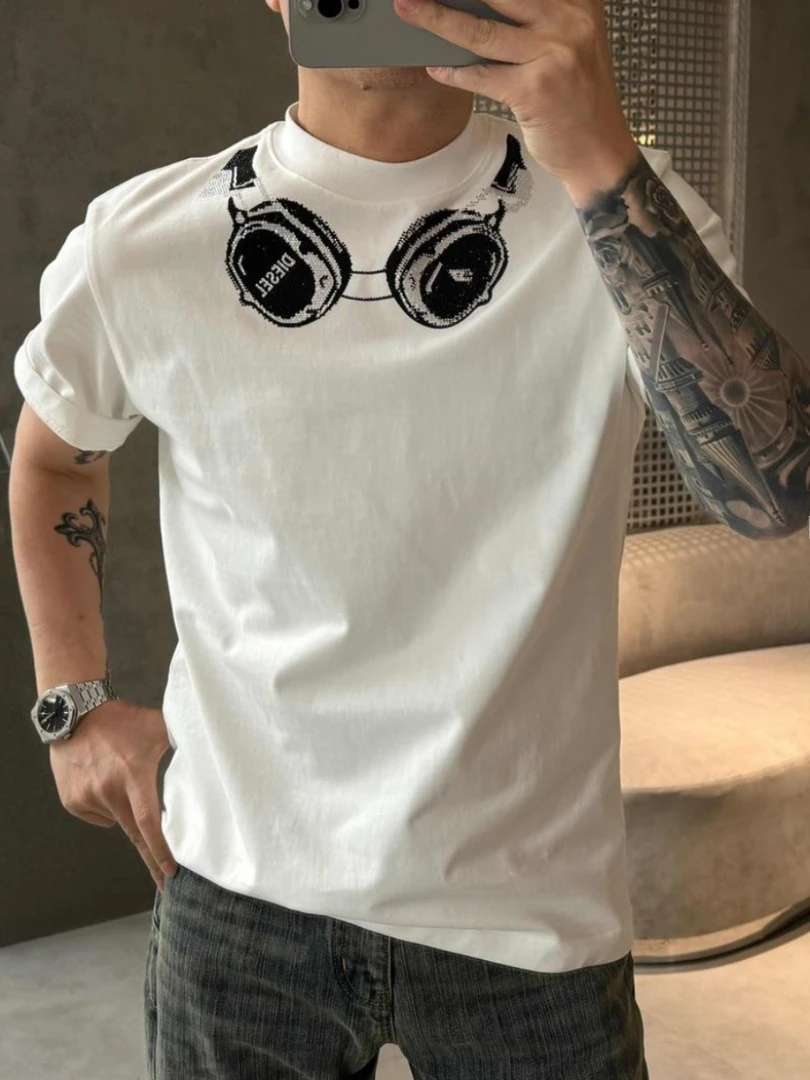 2025夏季高端印花耳机图案烫钻短袖t恤男宽松欧货半袖打底体恤衫