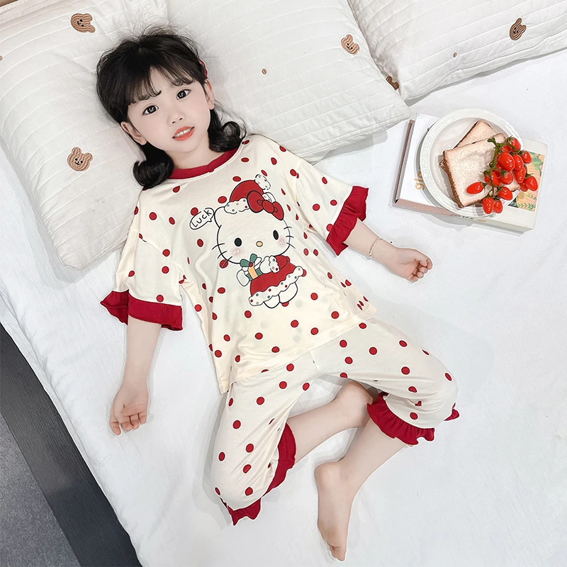 女童睡衣莫代尔套装夏季薄款2025新款小女孩女宝宝卡通七分袖套装