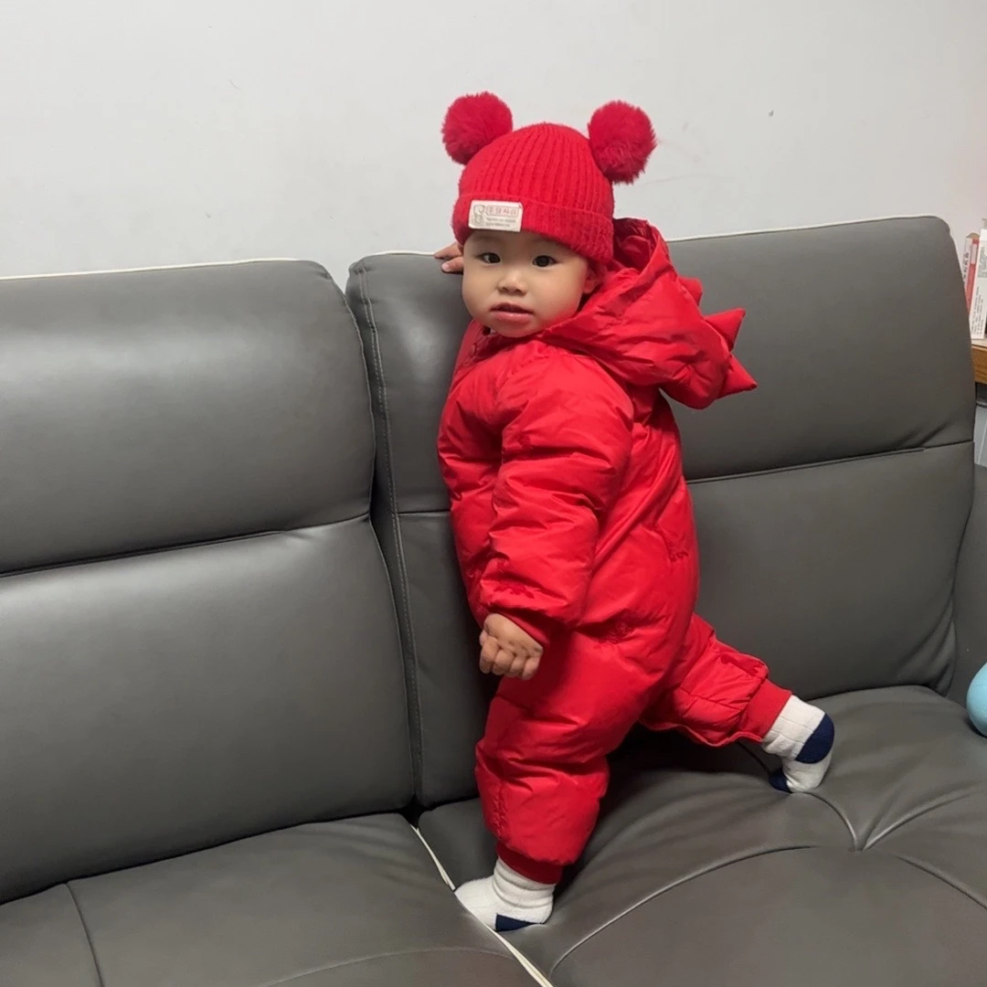 锁温冬季90白鸭绒婴儿婴幼儿宝宝婴童刺绣连帽保暖羽绒连体衣006