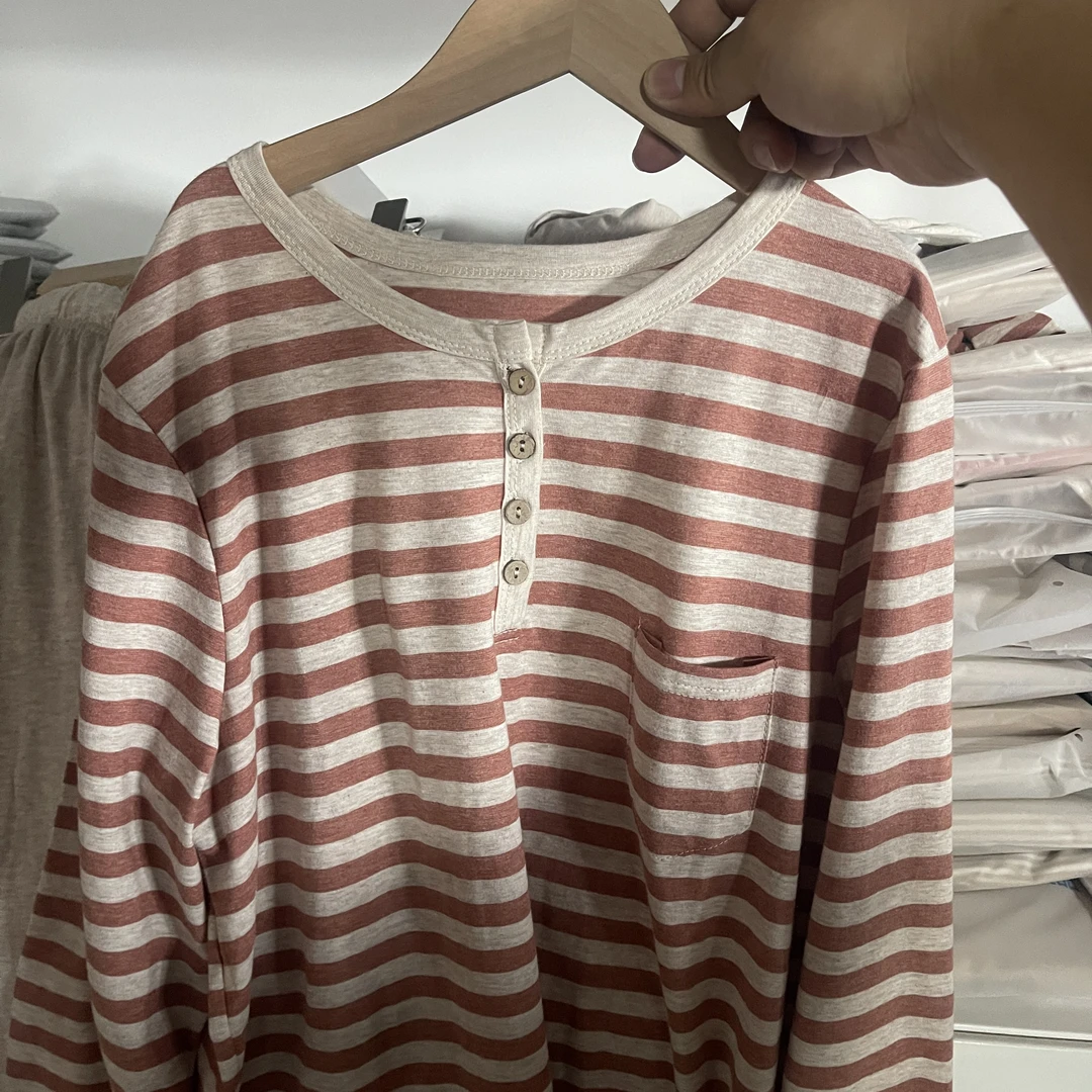 无印条纹成人四季季通用睡衣薄款圆领套装女装家居服休闲针织