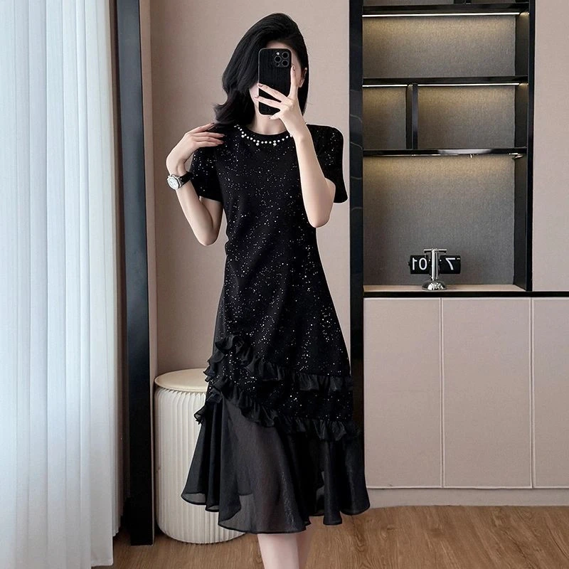 网红高级感卫衣连衣裙夏季显瘦设计感荷叶边拼接法式气质长裙