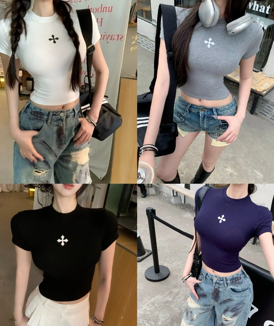 美式复古印花十字架正肩圆领短袖夏季辣妹显瘦休闲百搭修身