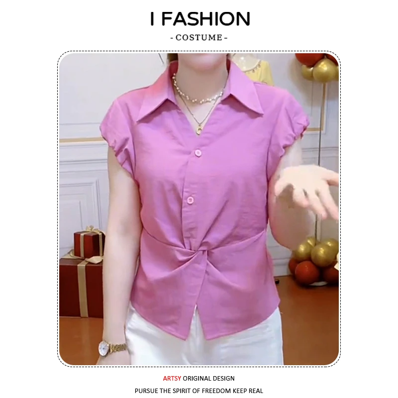 扭结收腰显瘦短袖衬衫女2025年夏季小个子休闲时尚减龄百搭上衣潮