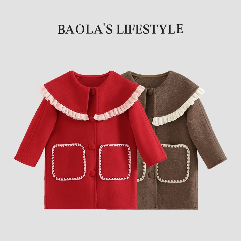 断码清仓【高定】韩系复古秋季女童大翻领中长款毛呢大衣-HQ467