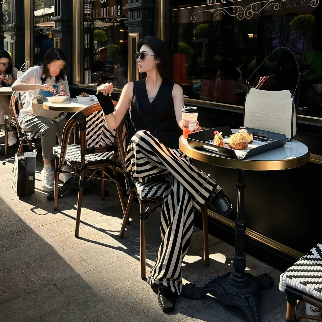 2025夏季新款黑色高级感单排扣显瘦气质马甲女时尚高腰条纹阔腿裤