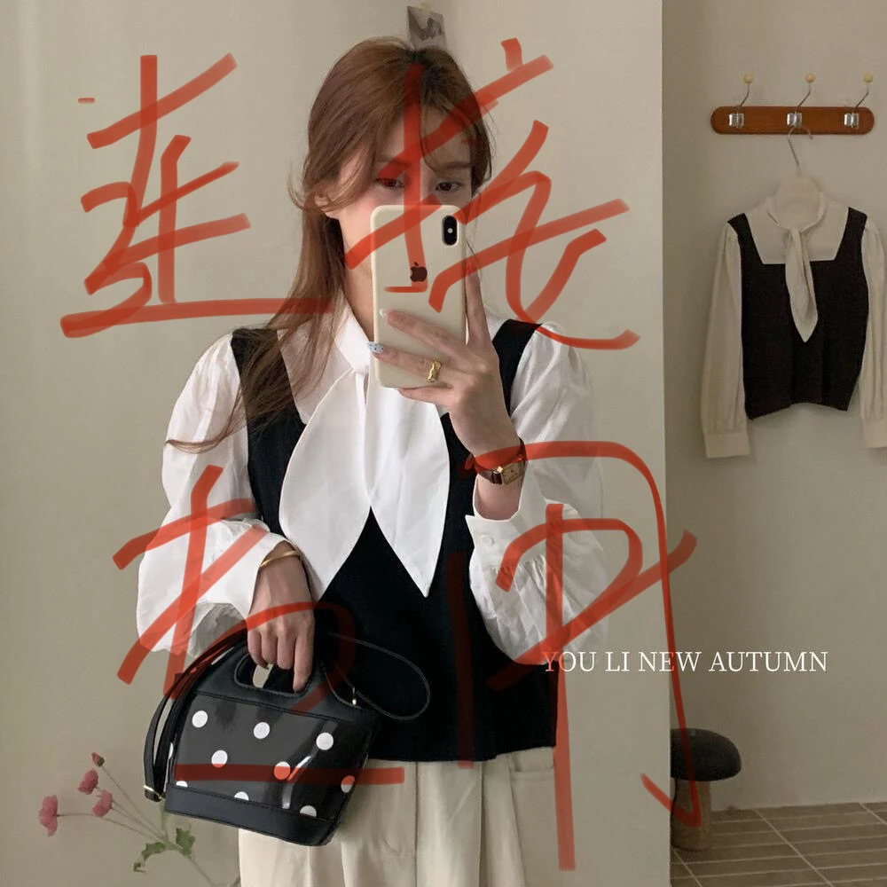 秋季时尚减龄假两件针织马甲拼接长袖衬衫女洋气百搭上衣