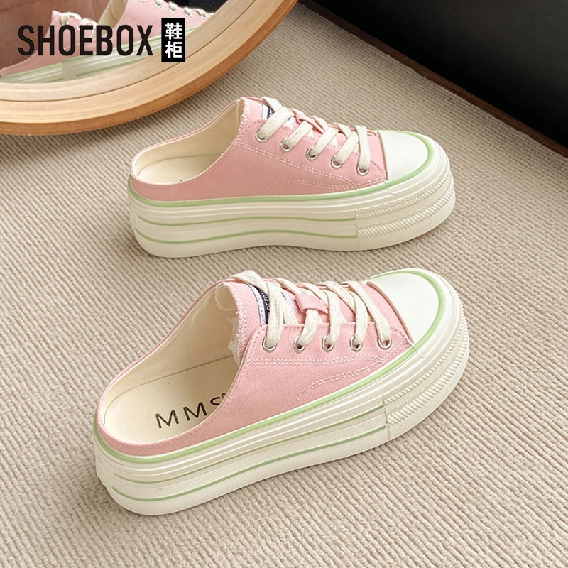 SHOEBOX鞋柜松糕厚底包头半拖鞋女2025夏季新款懒人一脚蹬帆布鞋