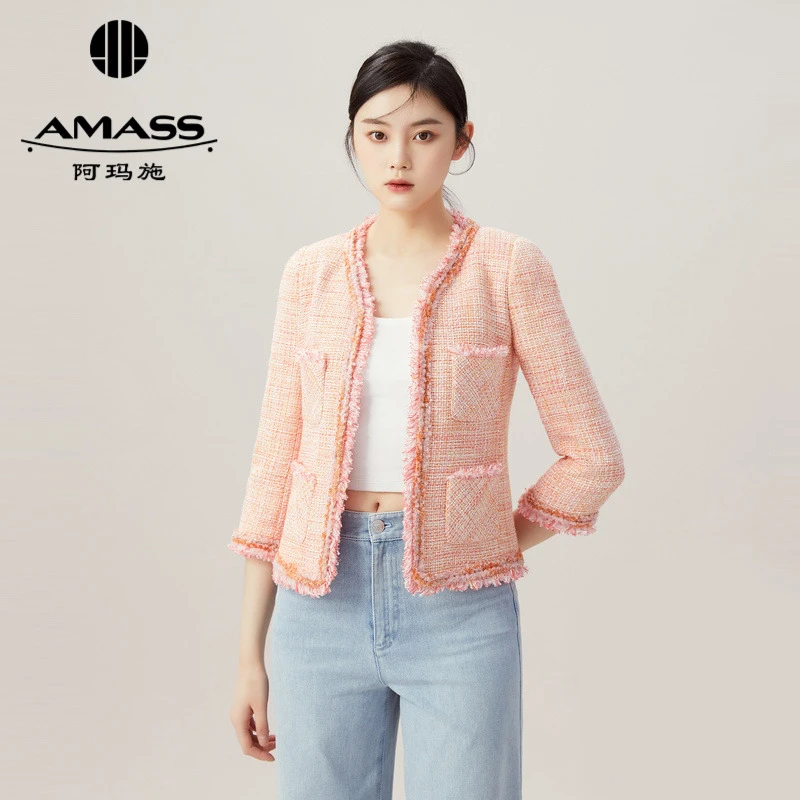 AMASS/阿玛施新款女装百搭通勤气质V领小香花呢长袖短外套5400621