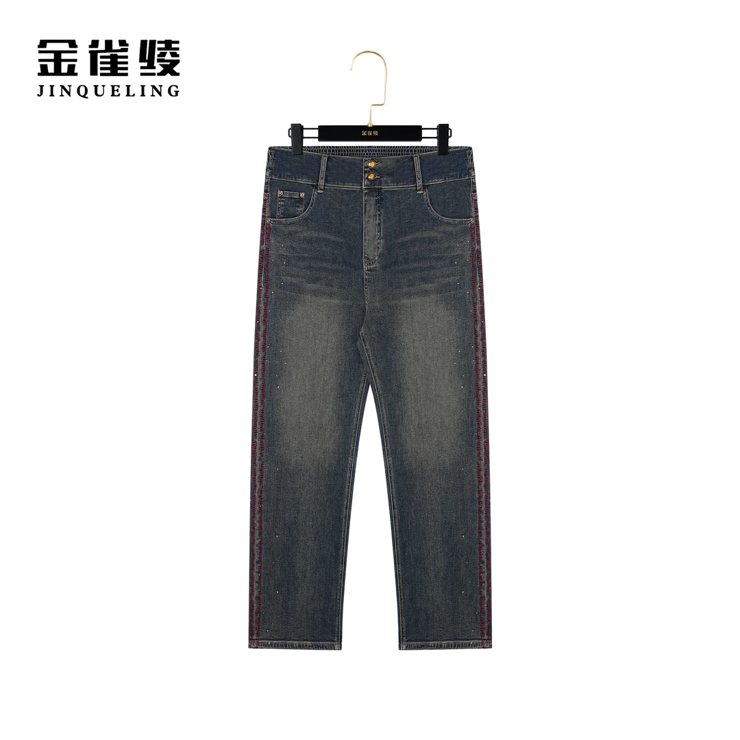 金雀绫【红绣星光】时尚刺绣烫钻工艺直筒长款牛仔裤KLK62
