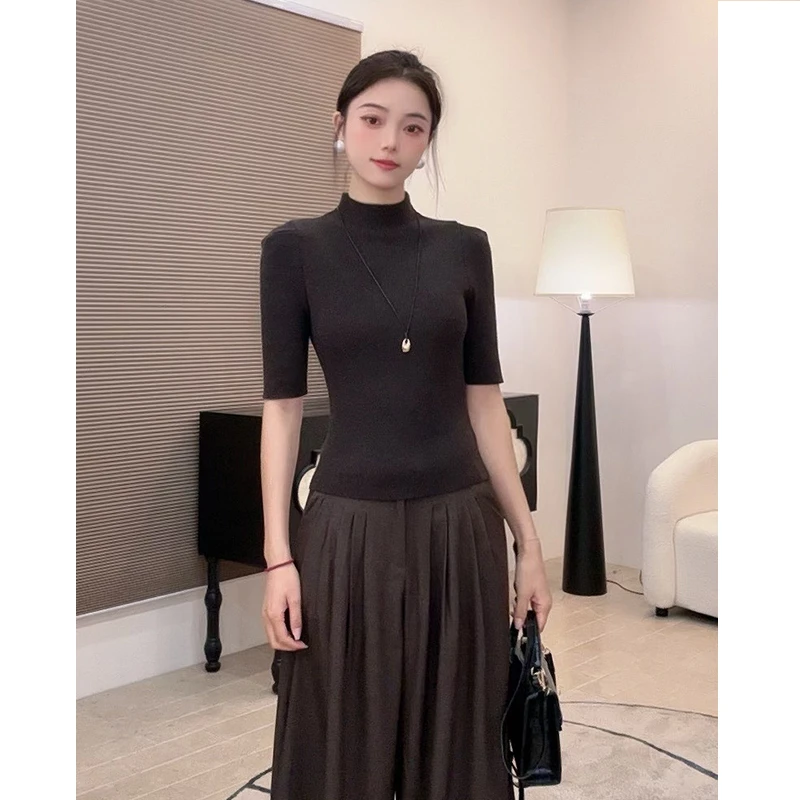 半高领中袖t恤女打底衫内搭新款秋季修身高级感四分半袖上衣013
