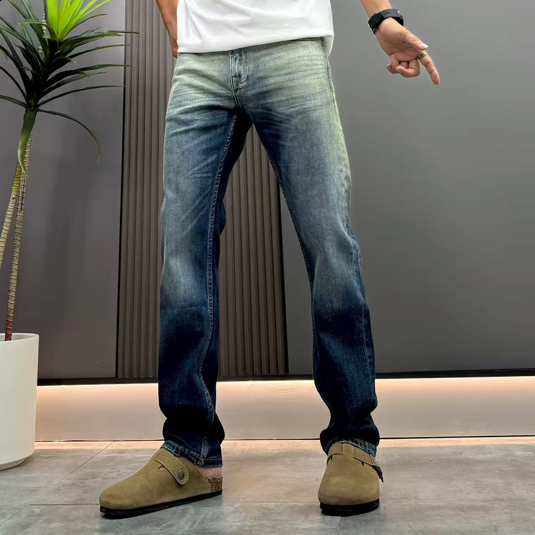 欧美高端渐变弹力修身直筒水洗秋季男士潮流男生衣服高级感