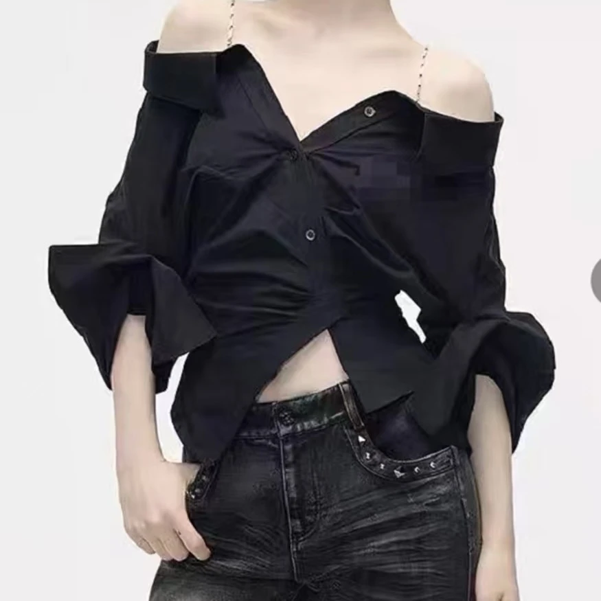 秋季新款少女风百搭纯欲风设计感时尚吊带衬衫上衣9935