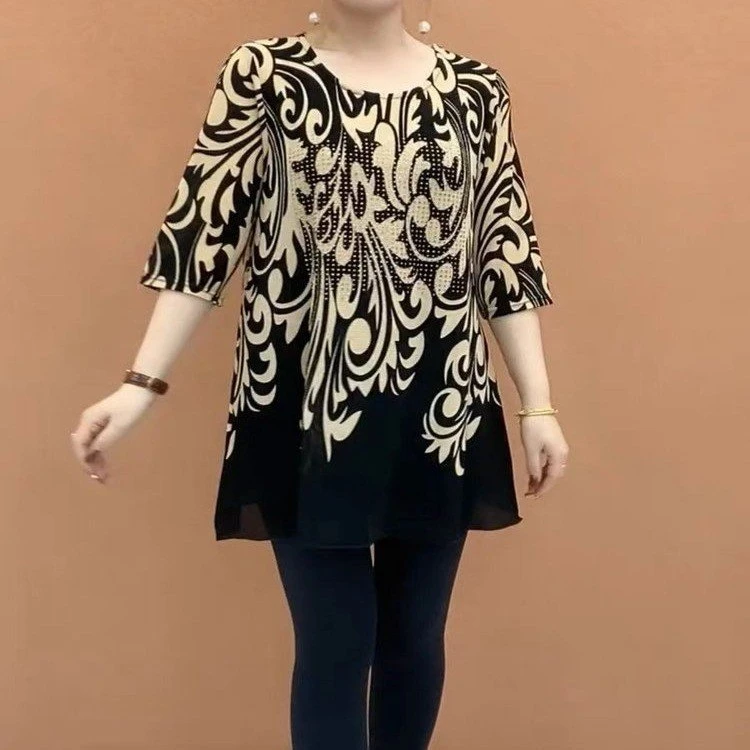 皮尔卡丹直播款 时尚妈妈装圆领宽松中袖T恤女 夏季新款洋气中长