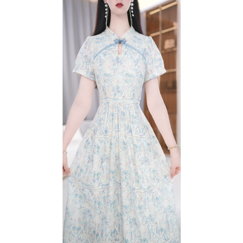 【欧赛雅文】夏季水滴领优雅气质中国风修身连衣裙M-4XL