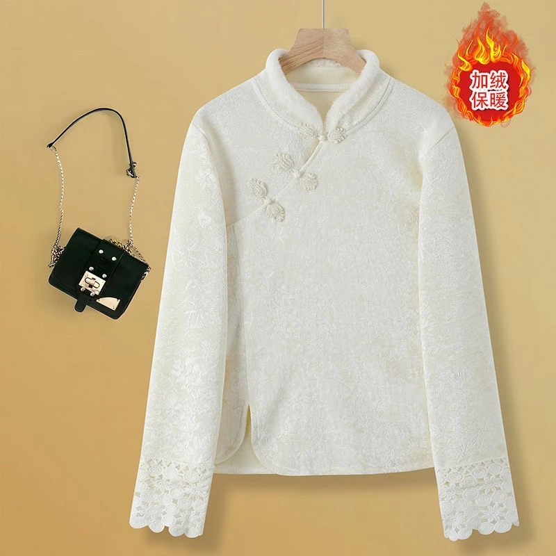 新中式复古提花加绒保暖长袖立领上衣冬季中国风百搭打底外穿衬衫