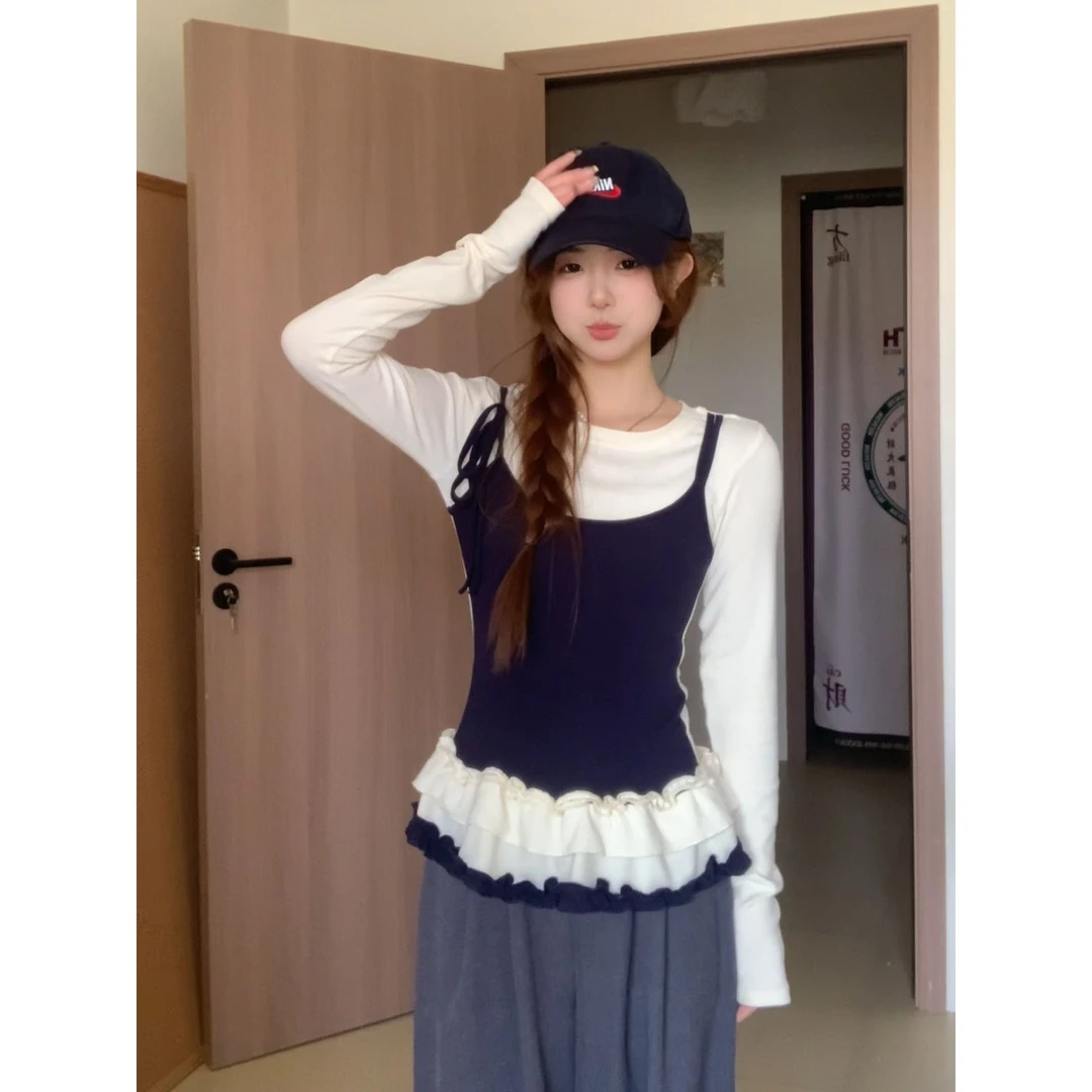 【现货】韩系时尚撞色荷叶花边长袖t恤女春季拼接假两件设计打底衫