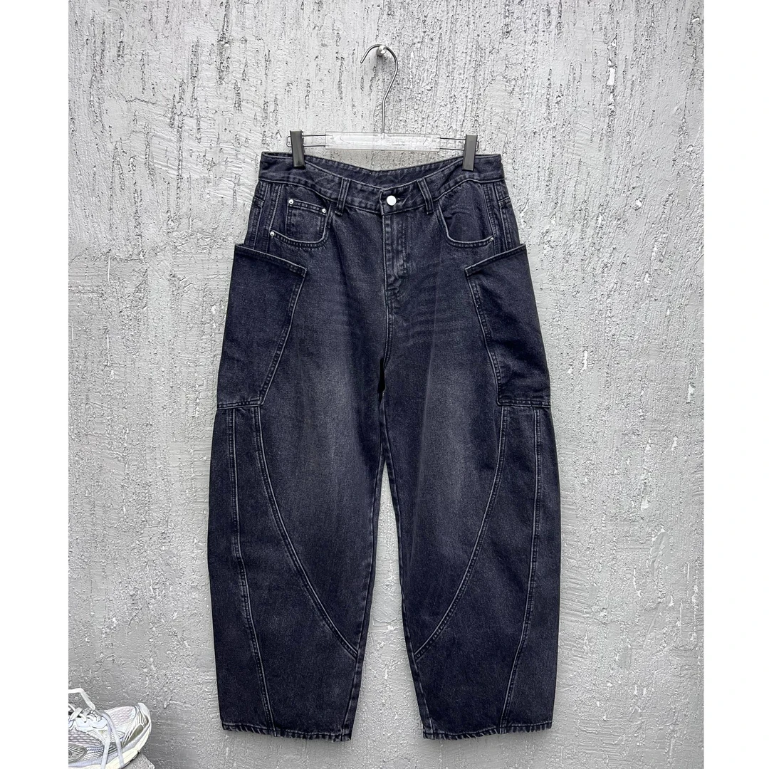 UNCLE&F 重工/INS 立体裁剪手擦马骝位阔腿弯刀牛仔裤