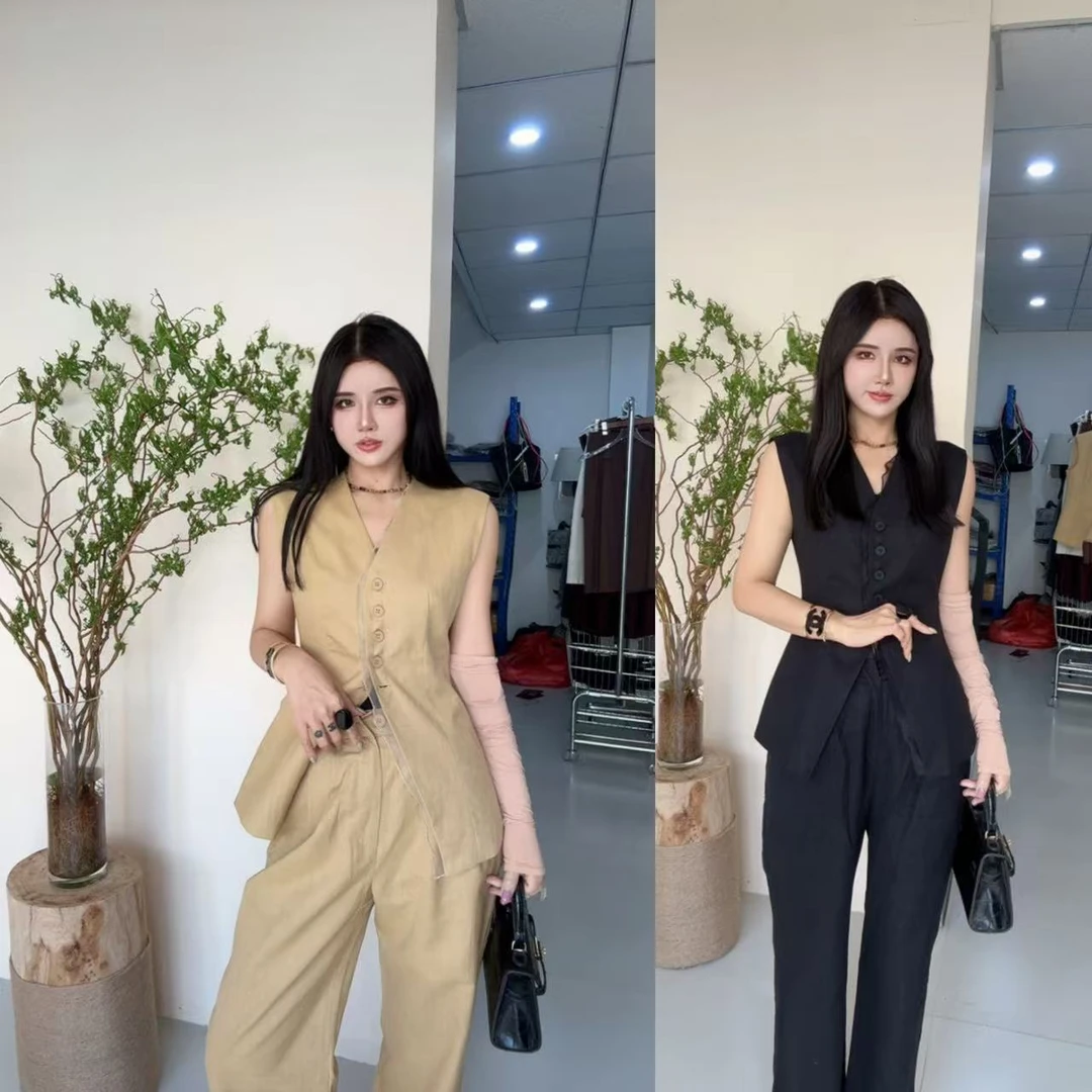 亚麻套装女2025夏季高级感穿搭一整套时尚御姐范马甲阔腿裤两件套