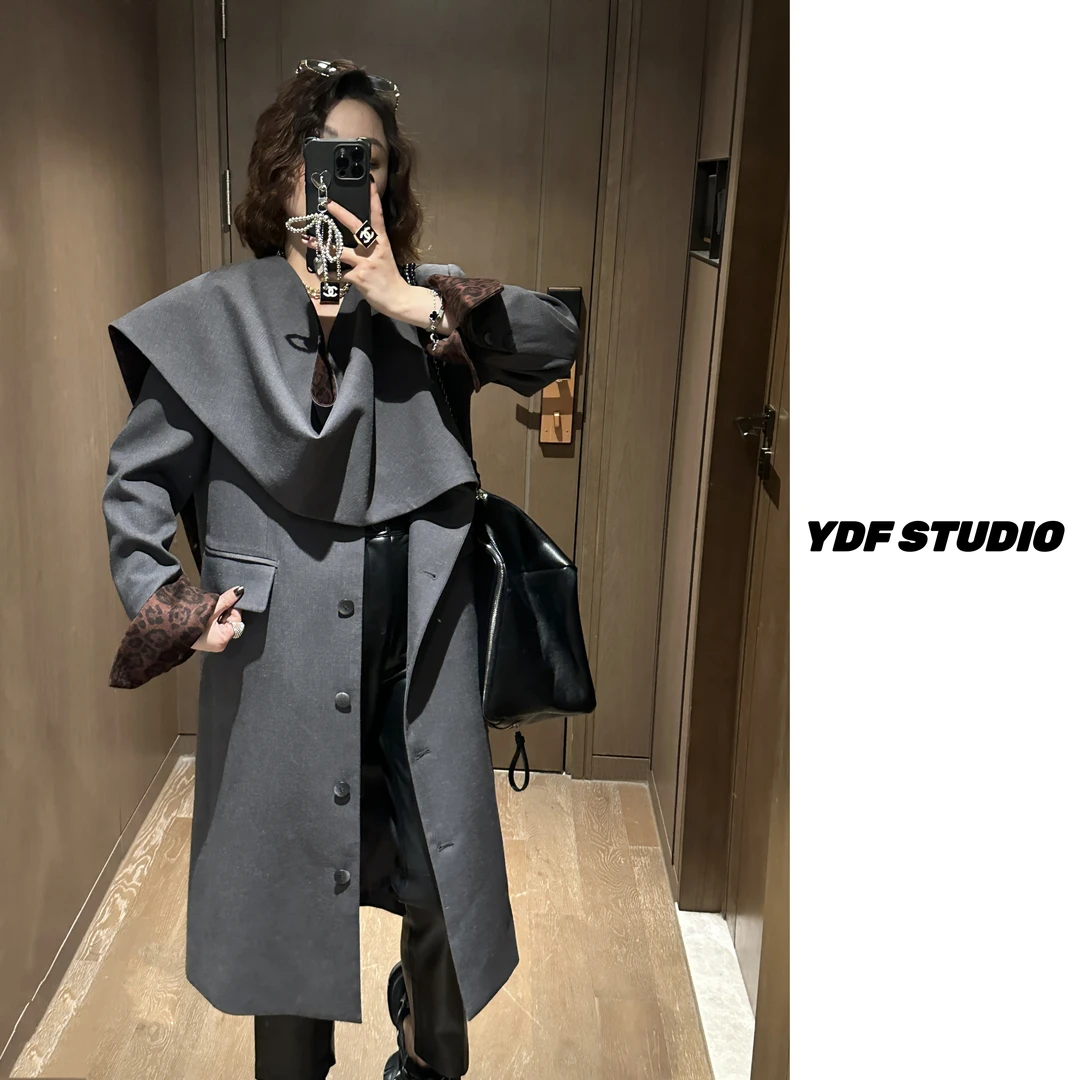 YDFSTUDIO小众【云之彼端】高品围巾设计豹纹点缀时尚大牌风衣外套