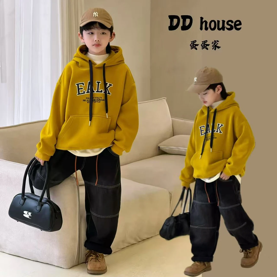 蛋蛋家【随身暖阳】25349冬季新款洋气姜黄色字母连帽加绒卫衣