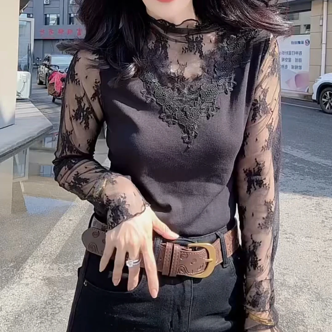 欧货气质女神性感蕾丝网纱打底衫上衣