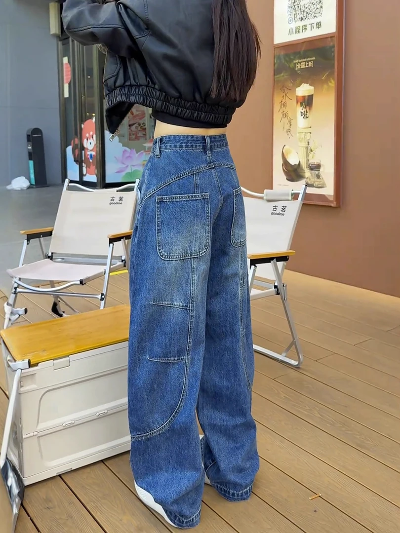 弯刀阔腿牛仔裤女秋季2025新款胖mm大码显瘦宽松美式高街直筒裤子