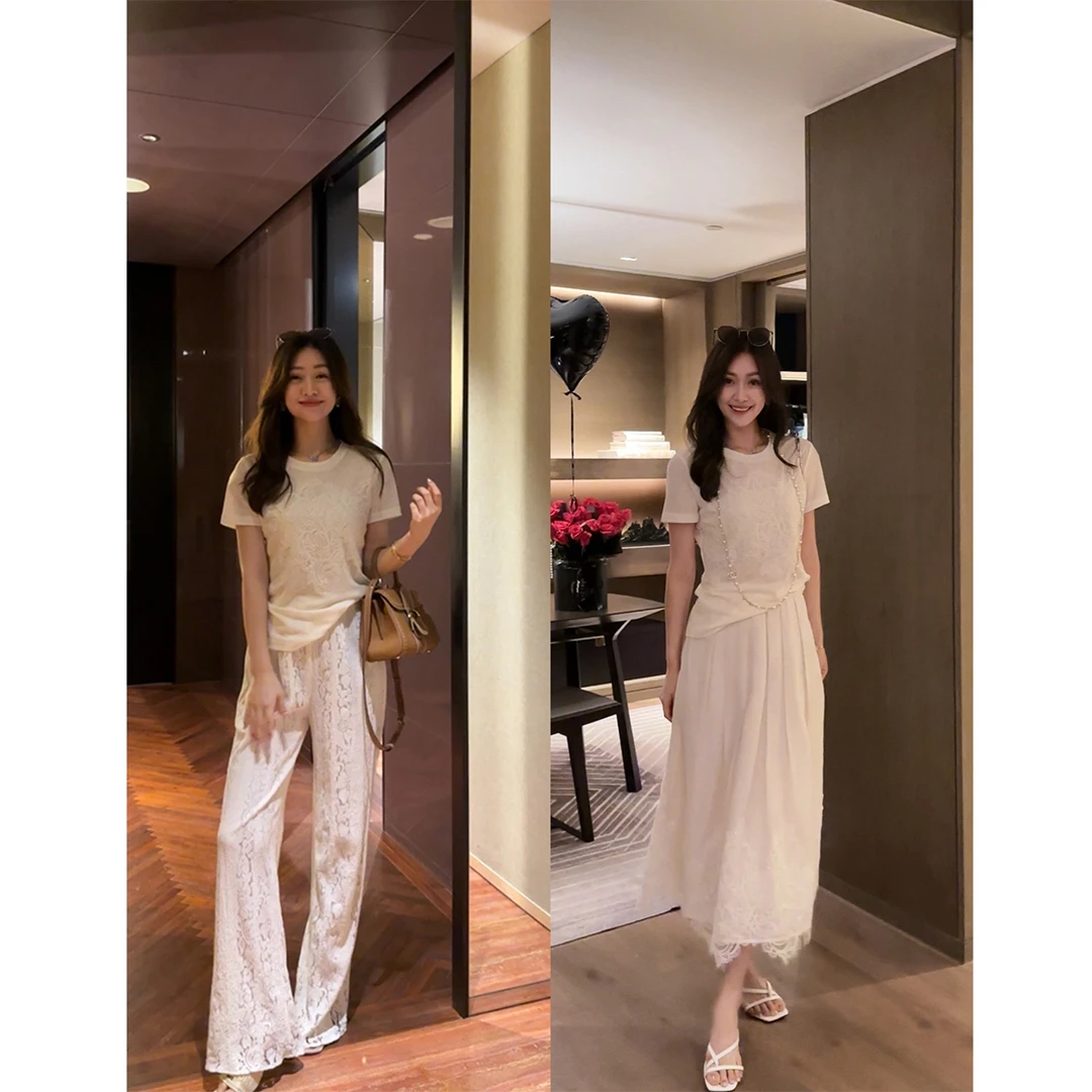 W·HAHA【花海】蕾丝绣花烫钻圆领百搭T恤上衣80523