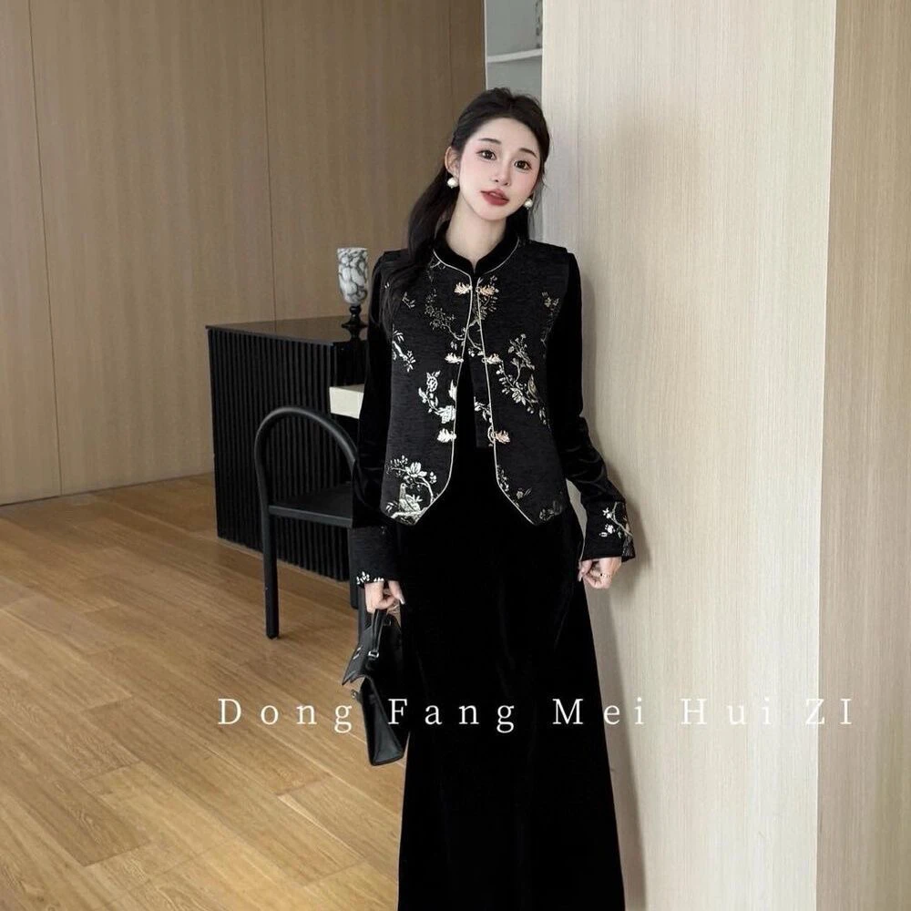 春上新气质百搭马甲+法式丝绒连衣裙套装(含30%真丝) 1976452#