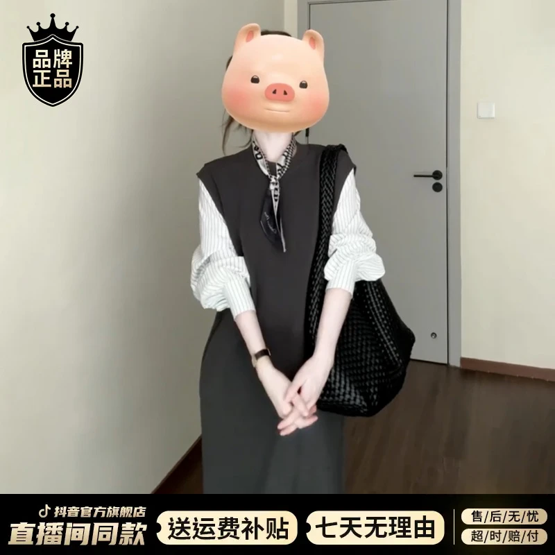法式气质灰色假两件长袖连衣裙女装秋季高级感收腰显瘦气质长裙子