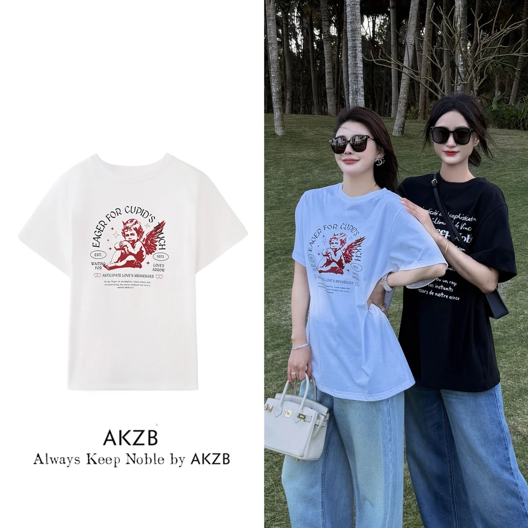 AKZB-2004“爱神丘比特”大版 复古丘比特印花 宽松纯棉圆领T恤