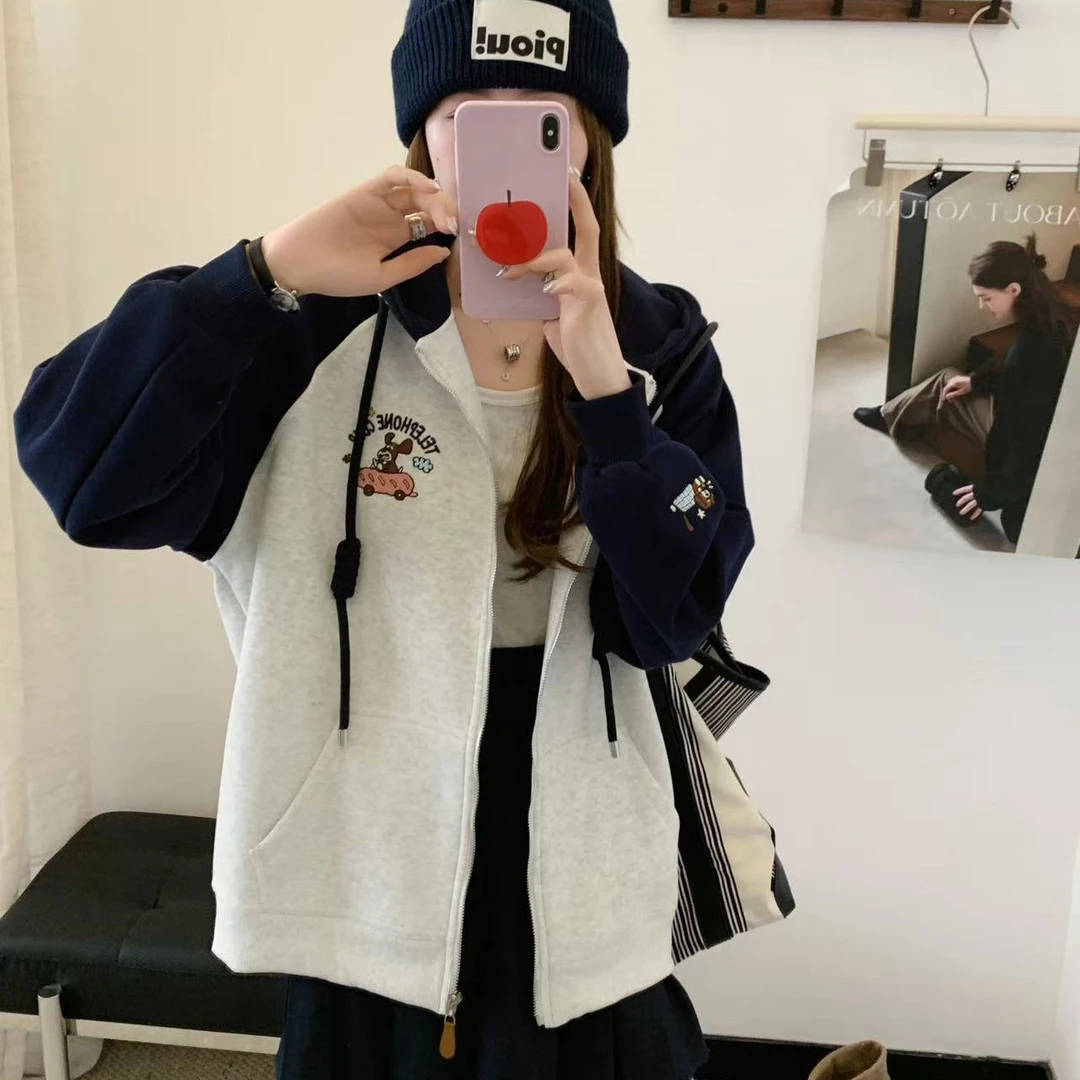 腊肠狗重工刺绣连帽开衫外套女长袖韩版宽松百搭休闲显瘦女拉链衫