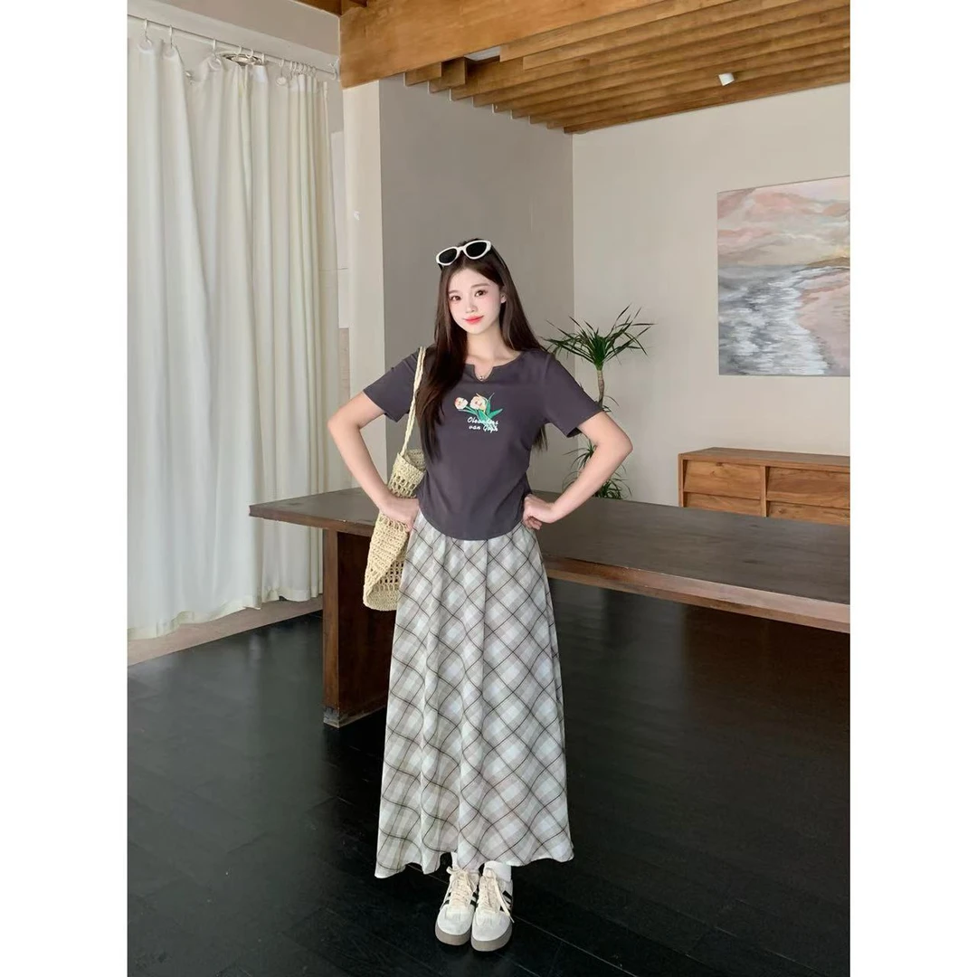 褶皱收腰印花T恤＋格纹半身裙减龄两件套女2025夏季新款大码胖mm