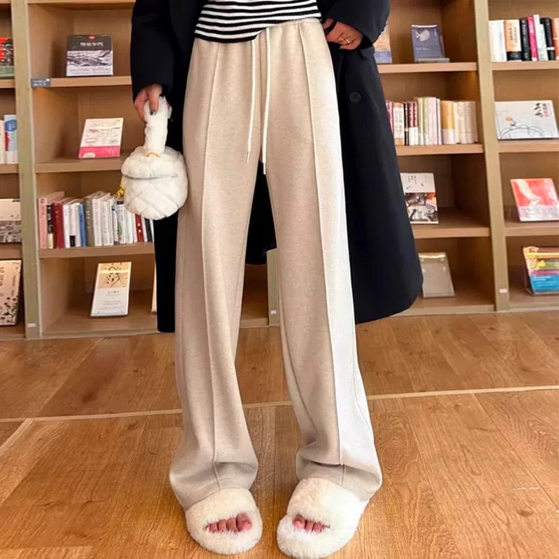 2024冬季新款加绒加厚毛呢休闲裤直筒裤宽松高腰女加厚裤子