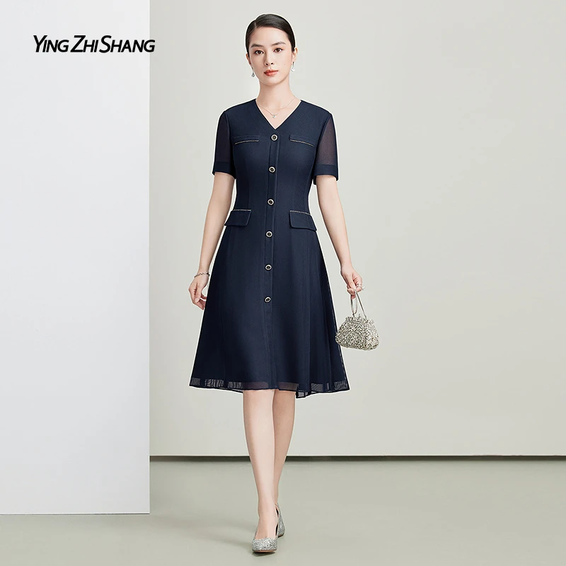 赢智尚醋酸藏蓝小香风气质连衣裙显瘦中长款洋气夏季新款ZF03737