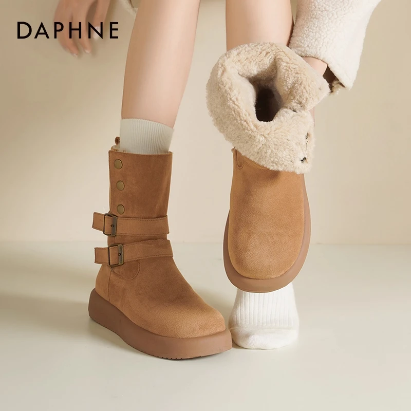 达芙妮雪地靴女2025新款加绒加厚棉靴两穿中筒靴子保暖东北棉鞋女