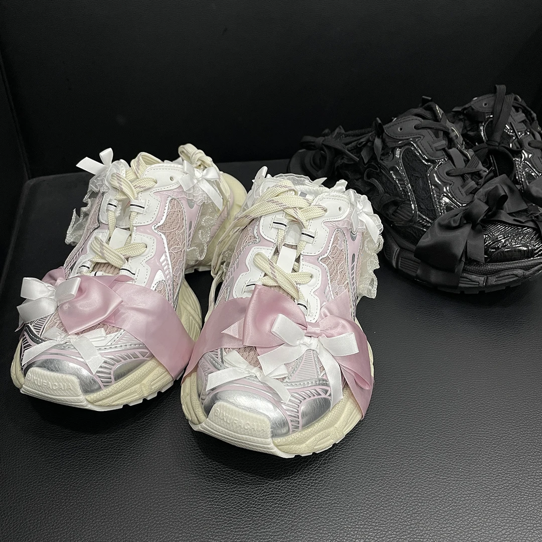 付新博女装蝴蝶结半托老爸鞋女透气网面蕾丝厚底运动鞋9699