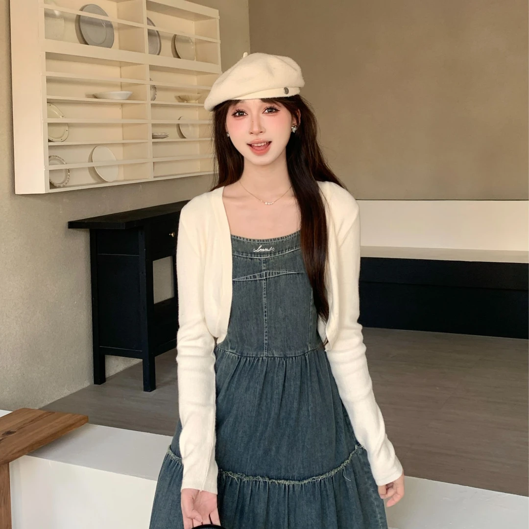 慕兔复古气质连衣裙套装女2025秋季新款针织开衫牛仔吊带裙两件套