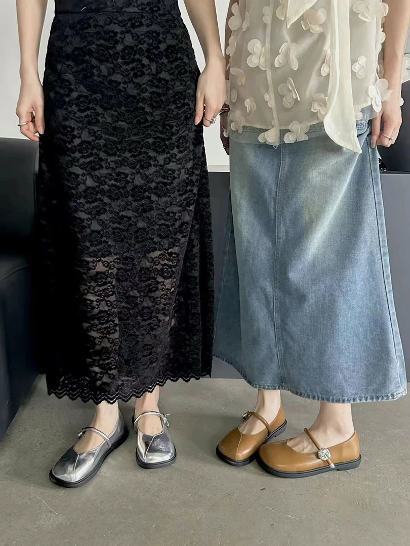 复古银色玛丽珍鞋女平底2024夏季新款一字带方头豆豆单鞋S158-27