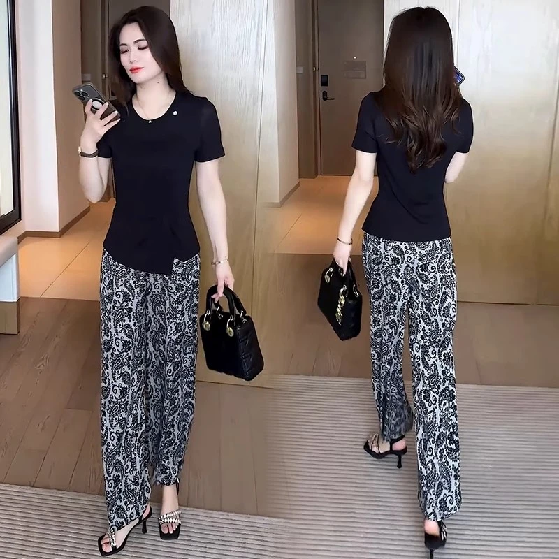 时尚套装女2025夏季新款洋气显瘦短袖T恤印花阔腿裤休闲两件套潮