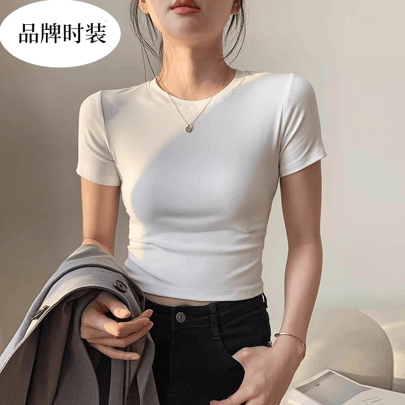 品牌时装露脐白色短袖t恤女棉质高腰夏季新款短款修身体恤